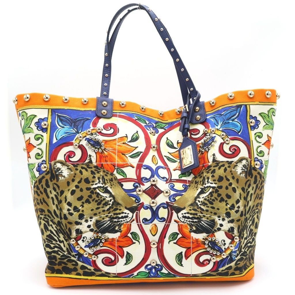 Dolce & Gabbana Beatrice Tote Sicilian Pattern Orange Blue Leather Canvas Gold