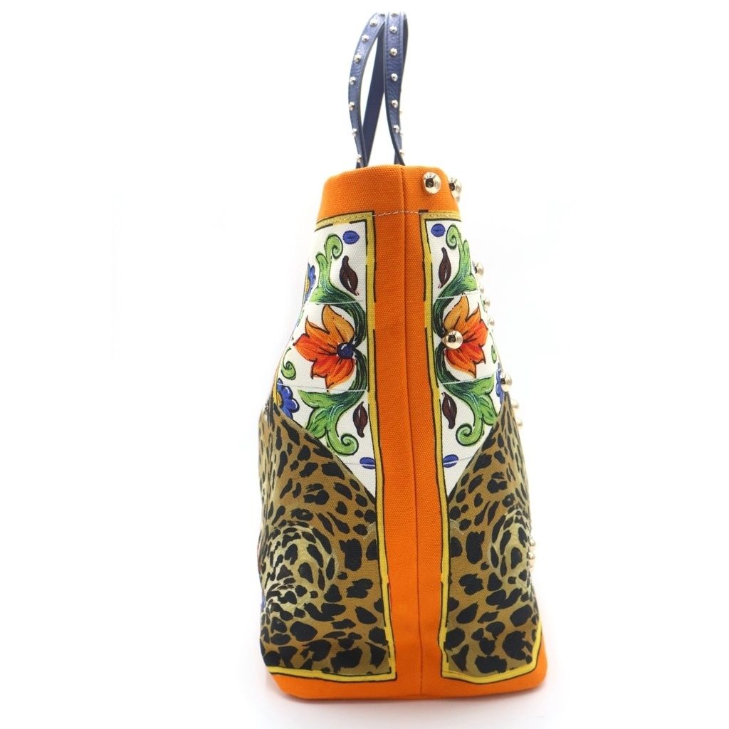 Dolce & Gabbana Beatrice Tote Sicilian Pattern Orange Blue Leather Canvas Gold — view 3