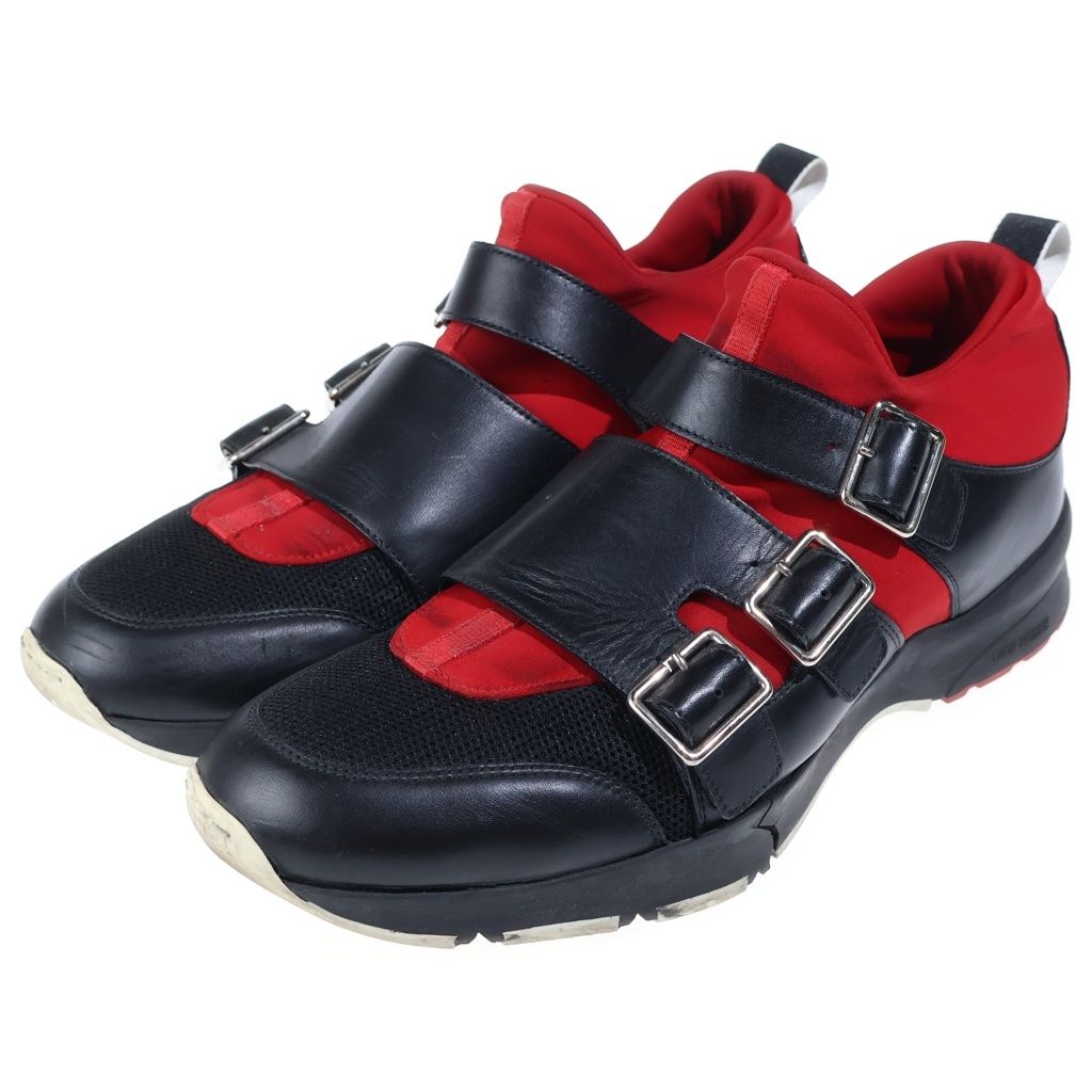 Dior Homme Leather Monk Strap Mesh Low Cut Sneakers Black Red — view 2