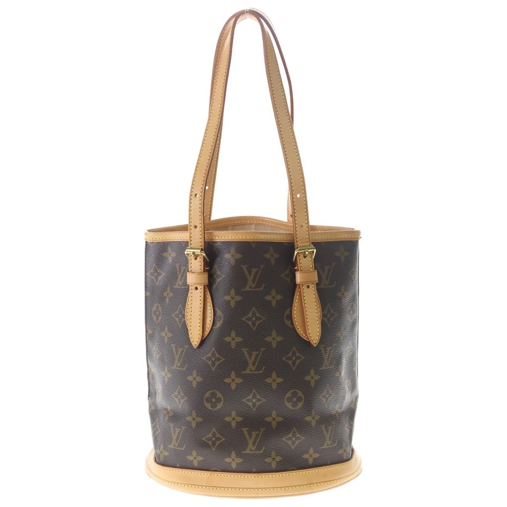 Louis Vuitton Monogram Bucket PM Tote Pouch Handbag Brown Gold Leather