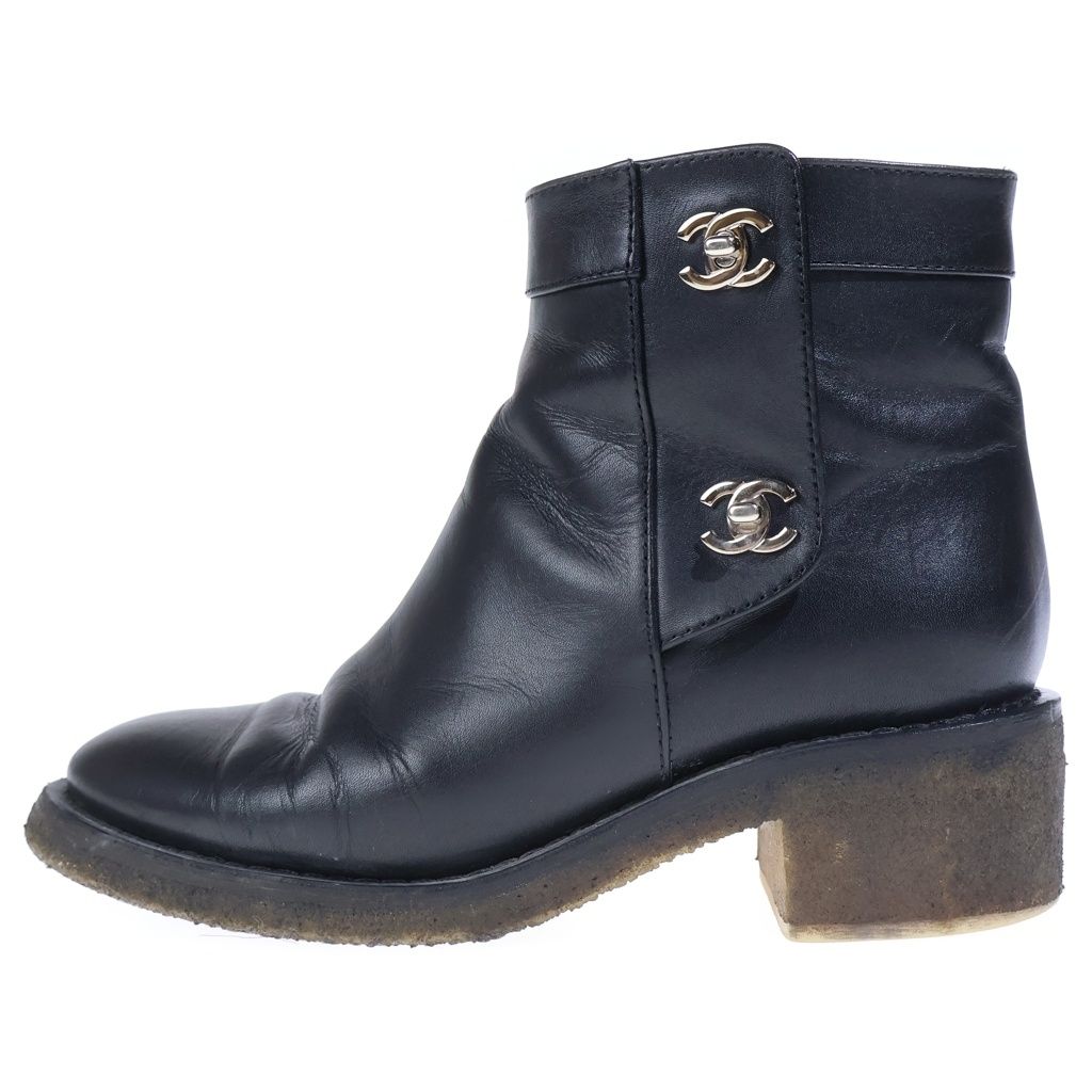 Chanel CC Logo Turnlock Leather Short Boots Black