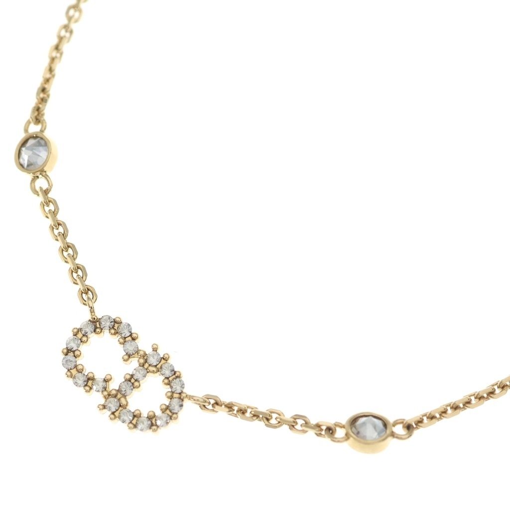 Dior CD Logo Line Stone Pearl Necklace Pendant Chain Gold