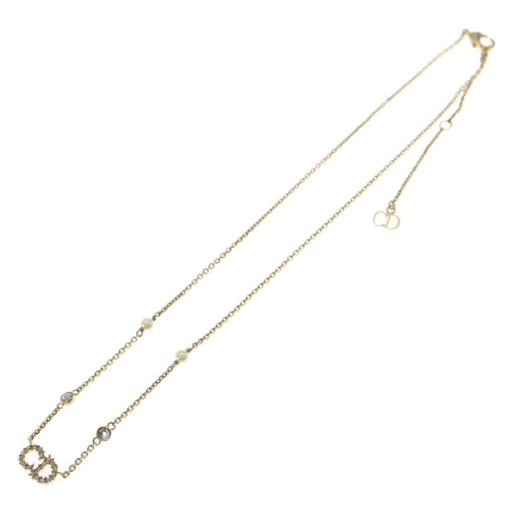 Dior CD Logo Line Stone Pearl Necklace Pendant Chain Gold — view 2
