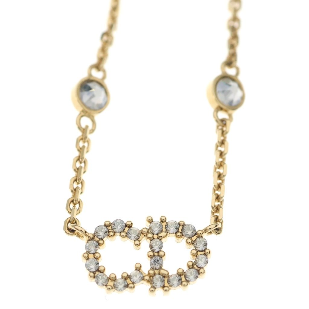 Dior CD Logo Line Stone Pearl Necklace Pendant Chain Gold — view 3