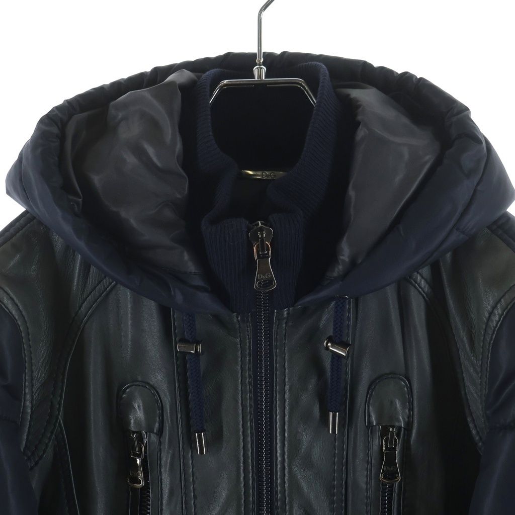 Dolce & Gabbana Lambskin Contrast Padding Hooded Jacket Navy — view 3