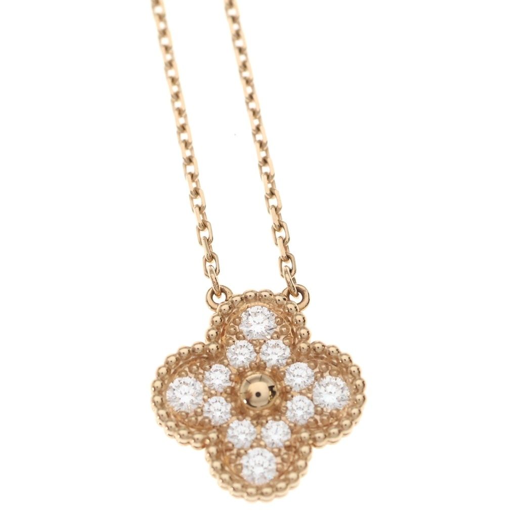 Van Cleef & Arpels Vintage Alhambra Diamond Necklace Pendant Chain Pink Gold — view 3