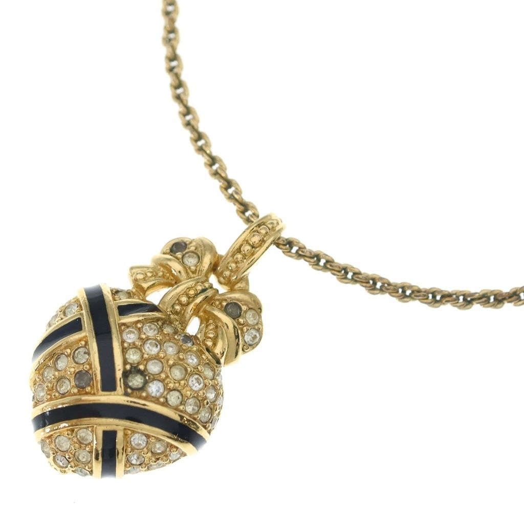 Dior Heart Motif Line Stone Necklace Pendant Chain Gold Black