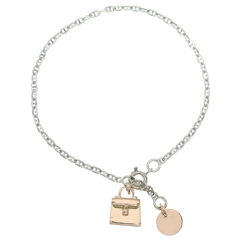 Hermes Kelly Charm Chaine D'ancre Bracelet Silver Pink Gold 750