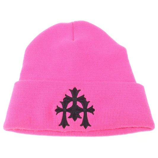 Chrome Hearts Cemetery Cross Beanie Neon Pink Patch Knit Hat