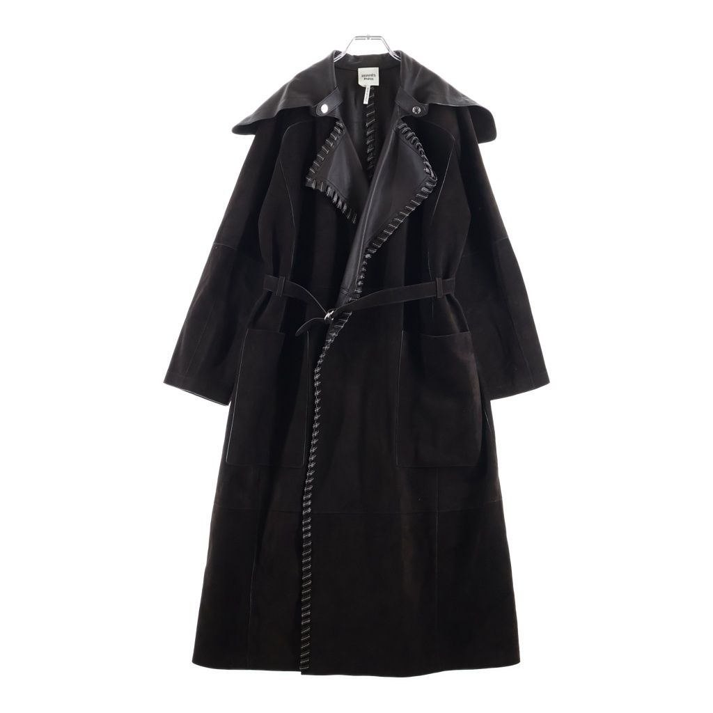 Hermes Double Face Suede Leather Coat Long Dark Brown