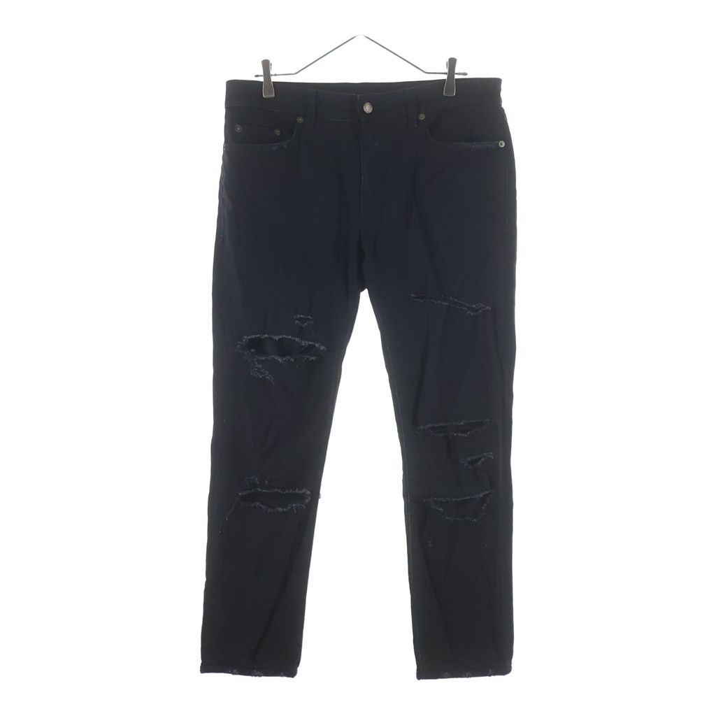 Saint Laurent Paris Logo Patch Zip Fly Distressed Skinny Pants Denim Black