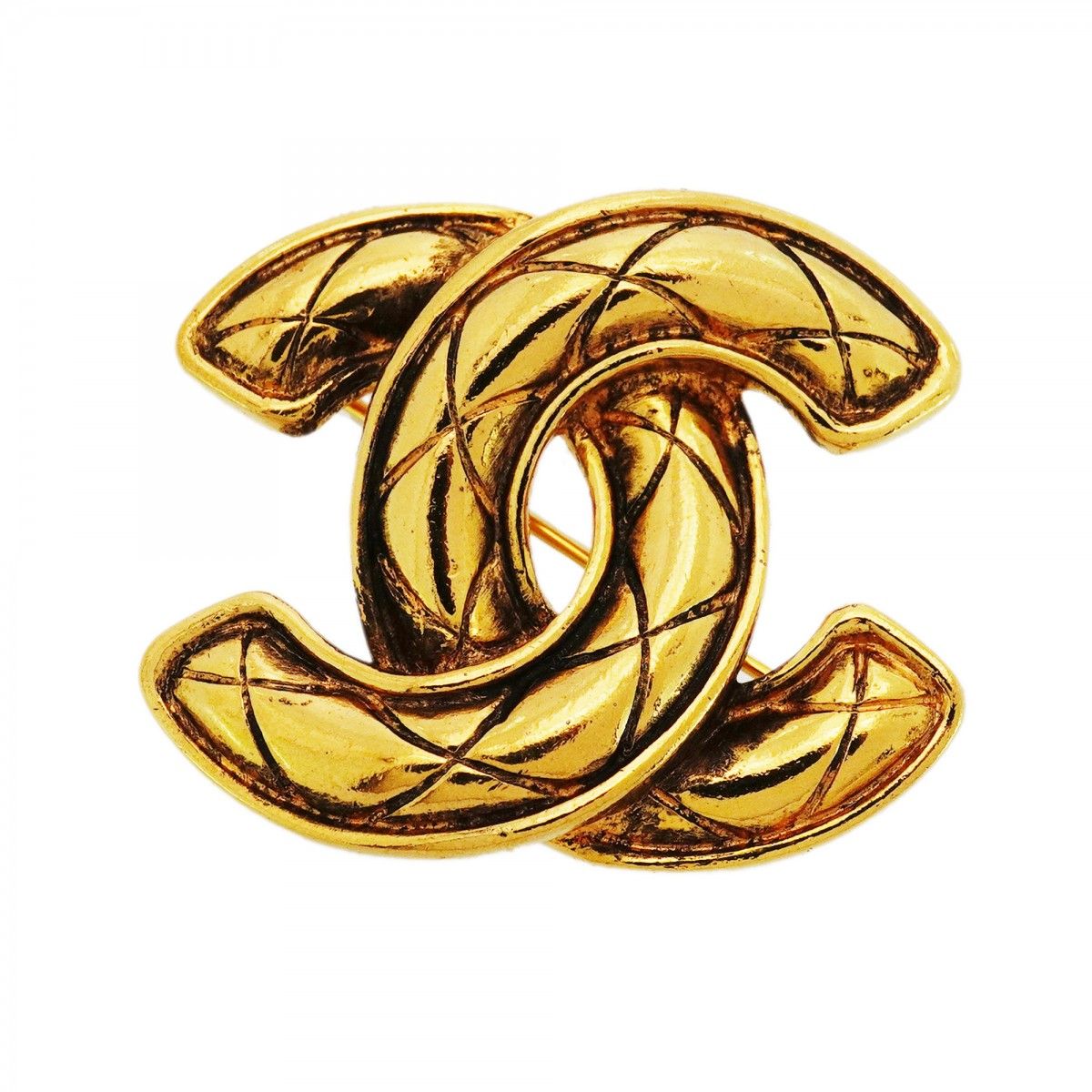 Chanel Brooch Vintage CC Logo Quilted Gold Plated