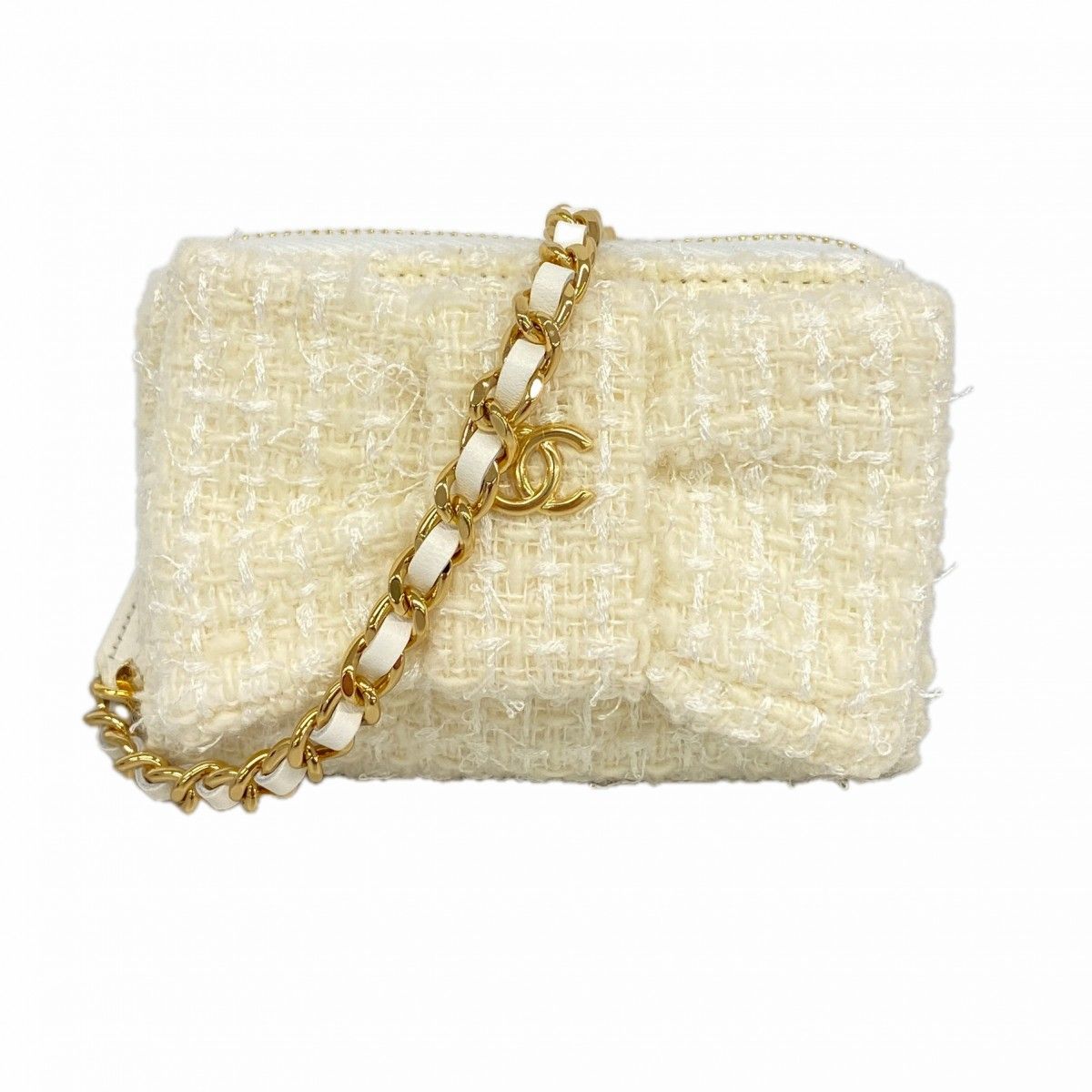 Chanel Shoulder Wallet Tweed Ivory Gold