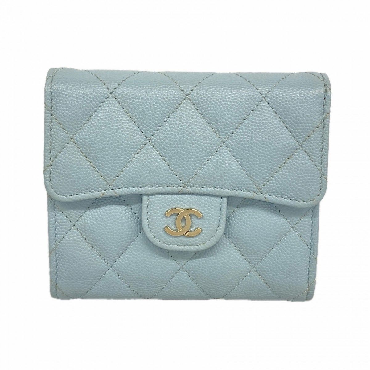 Chanel Trifold Wallet Quilted Caviar Leather Light Blue Champagne Gold