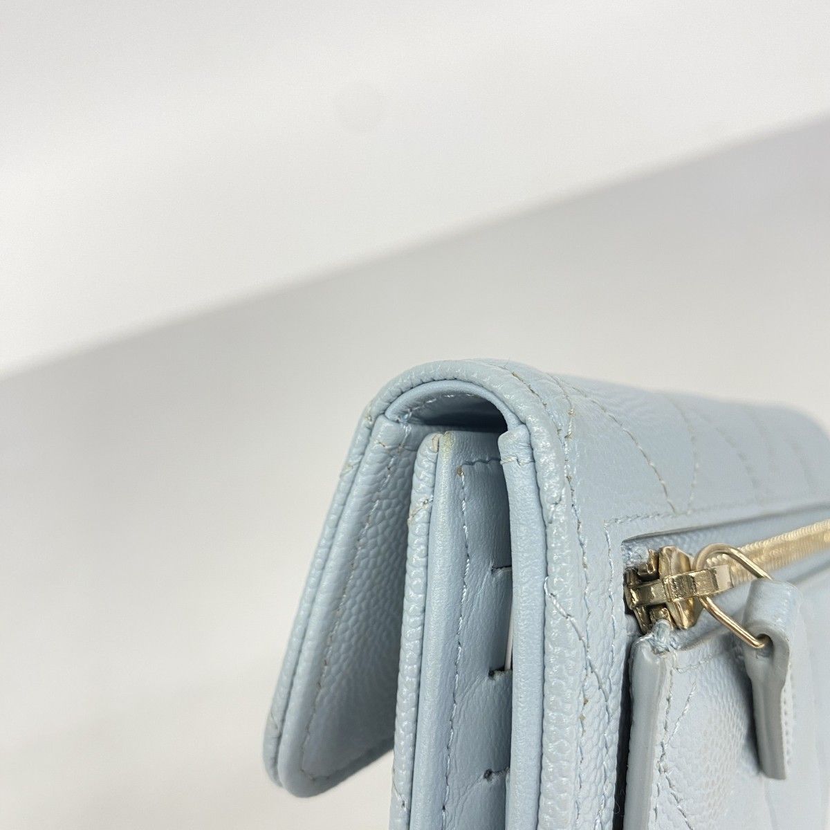 Chanel Trifold Wallet Quilted Caviar Leather Light Blue Champagne Gold — view 5