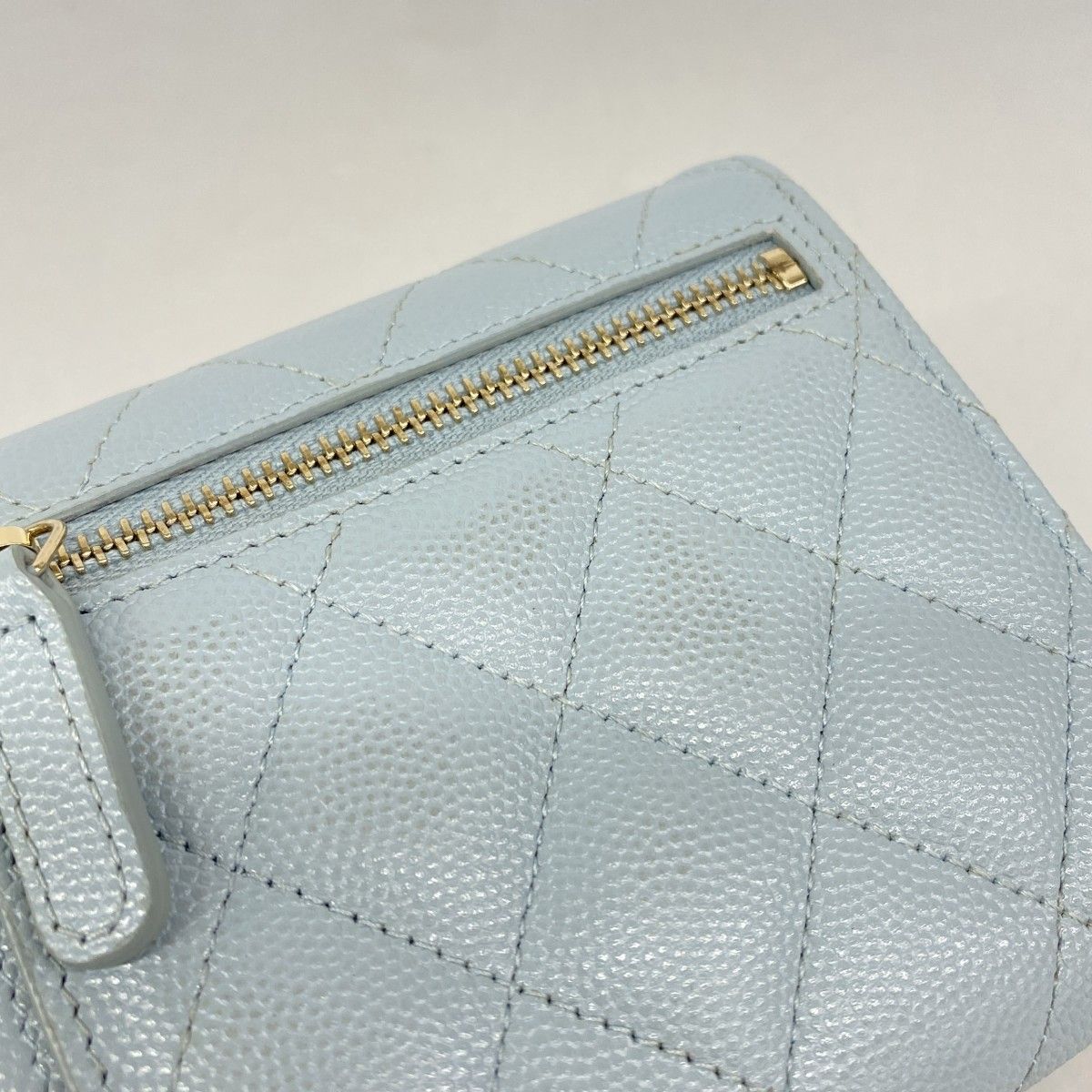 Chanel Trifold Wallet Quilted Caviar Leather Light Blue Champagne Gold — view 7