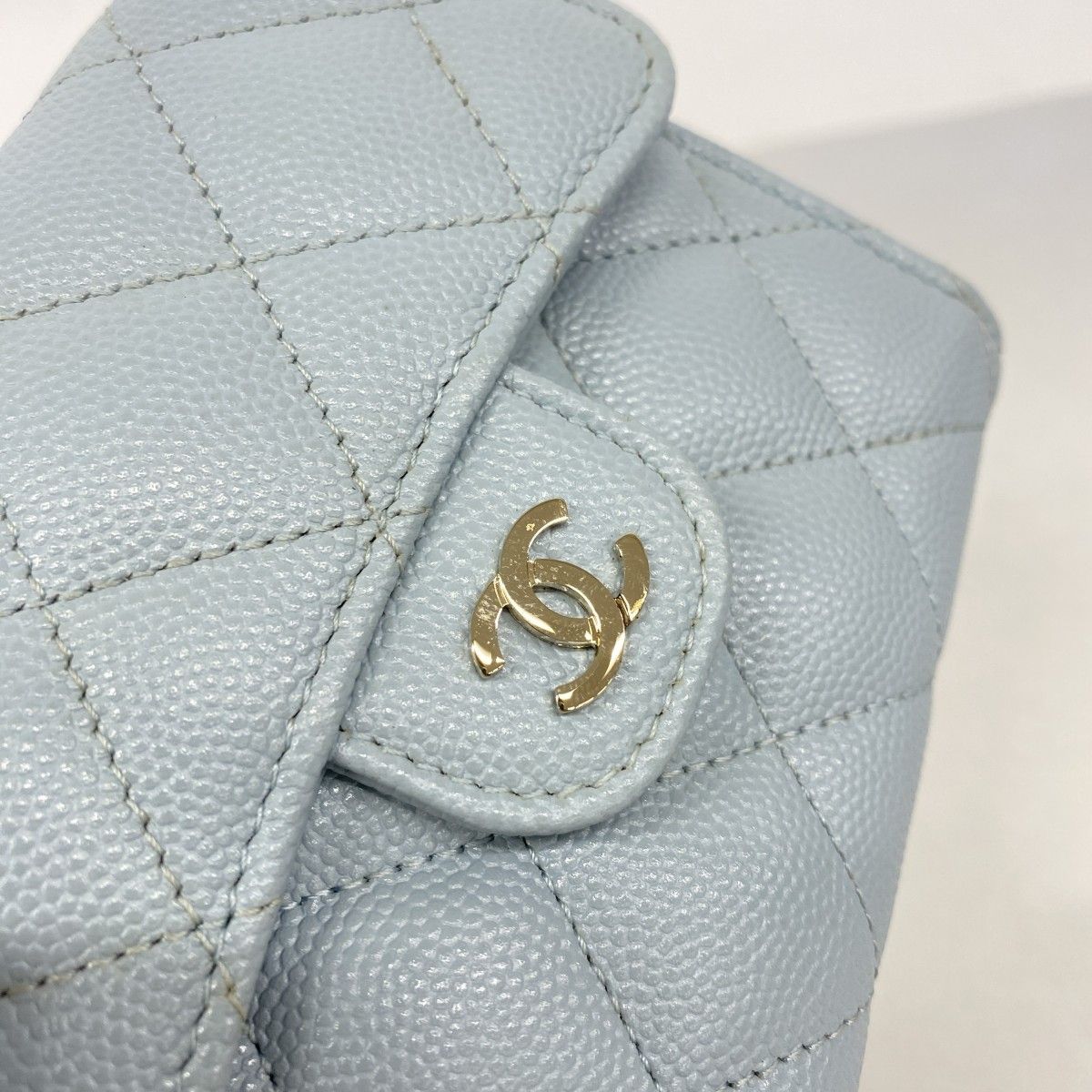 Chanel Trifold Wallet Quilted Caviar Leather Light Blue Champagne Gold — view 6