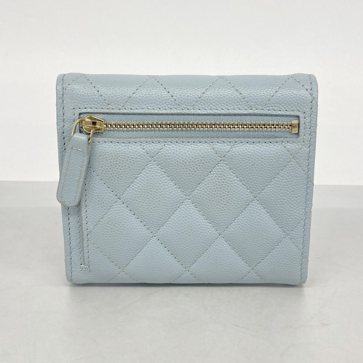 Chanel Trifold Wallet Quilted Caviar Leather Light Blue Champagne Gold — view 8