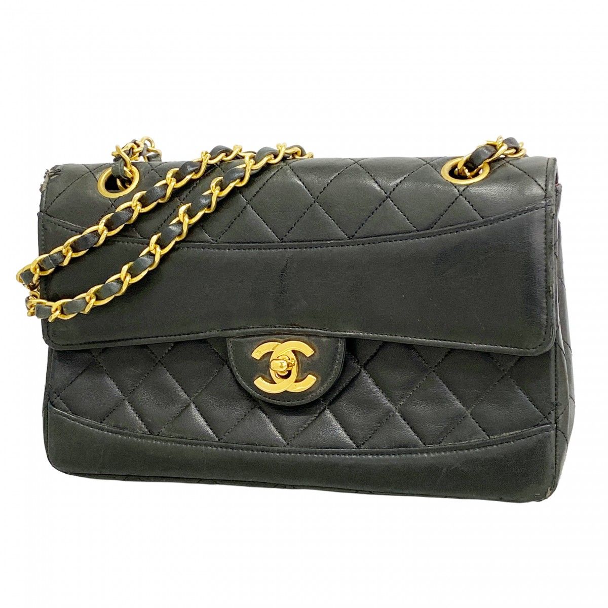 Chanel Shoulder Bag Quilted Lambskin Black Gold