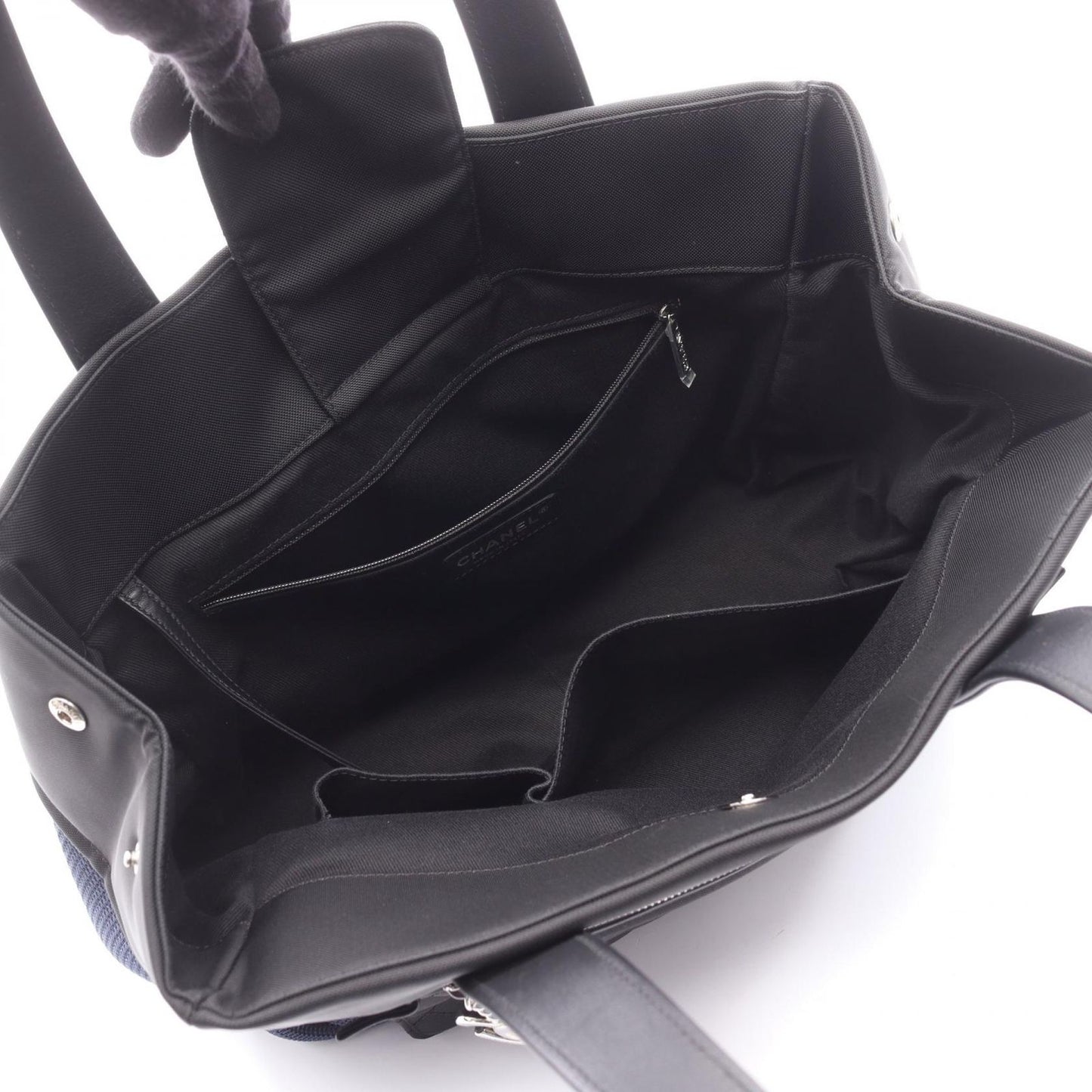 Chanel Handbag Paris Biarritz Navy Black Nylon Leather Coco Charm Mesh Tote — view 3