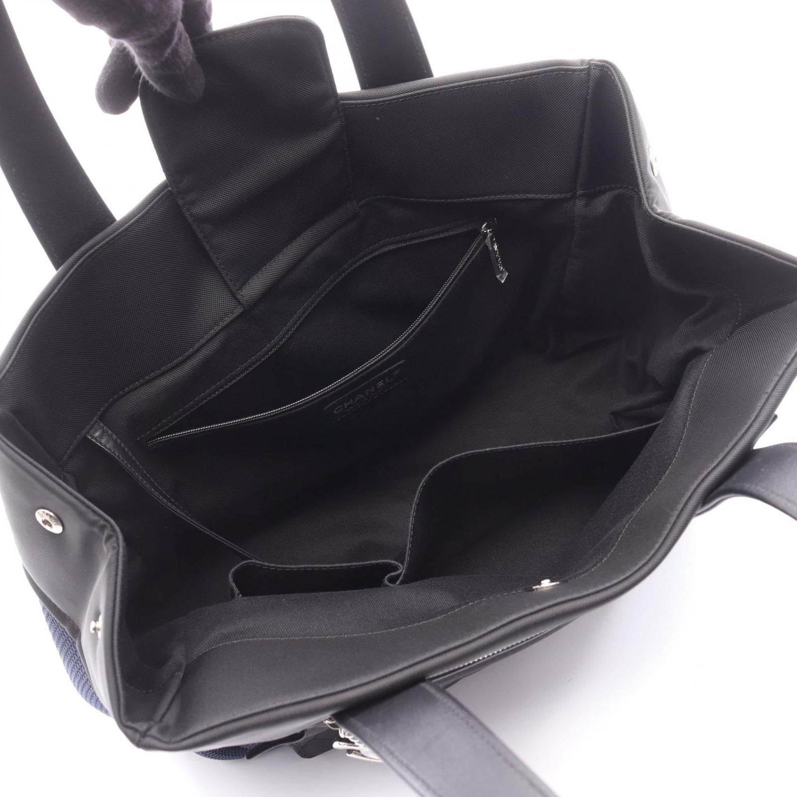 Chanel Handbag Paris Biarritz Navy Black Nylon Leather Coco Charm Mesh Tote — view 3
