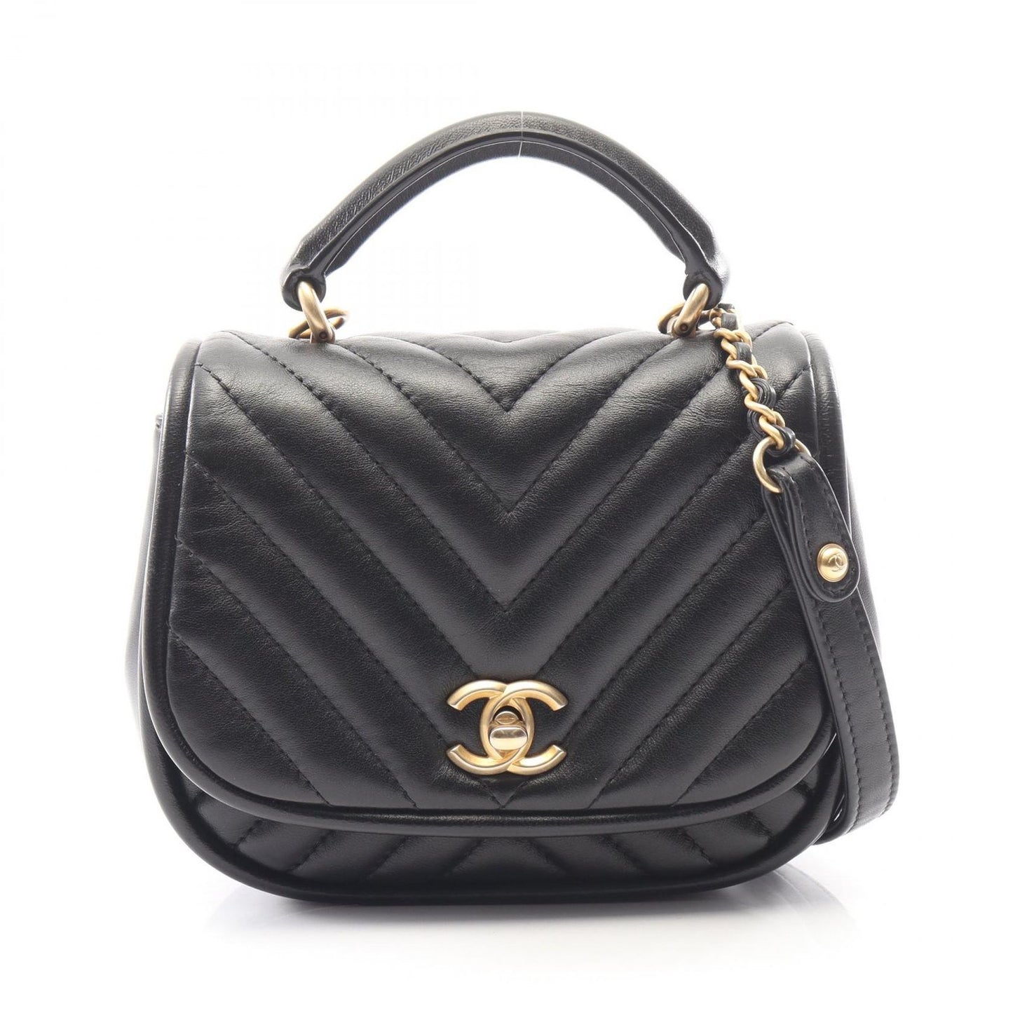 Chanel Shoulder Bag Blanc Stitch 2-Way Black Lambskin Chez Top Handle Chain