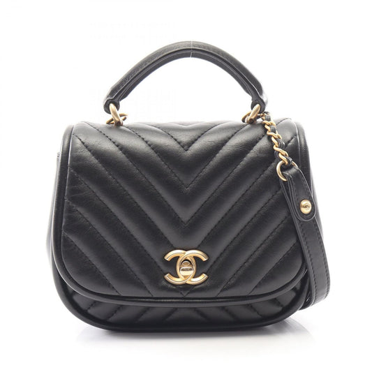 Chanel Shoulder Bag Blanc Stitch 2-Way Black Lambskin Chez Top Handle Chain