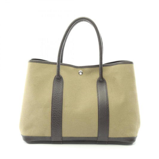 Hermes Tote Garden Party PM Khaki Ebene Canvas Leather