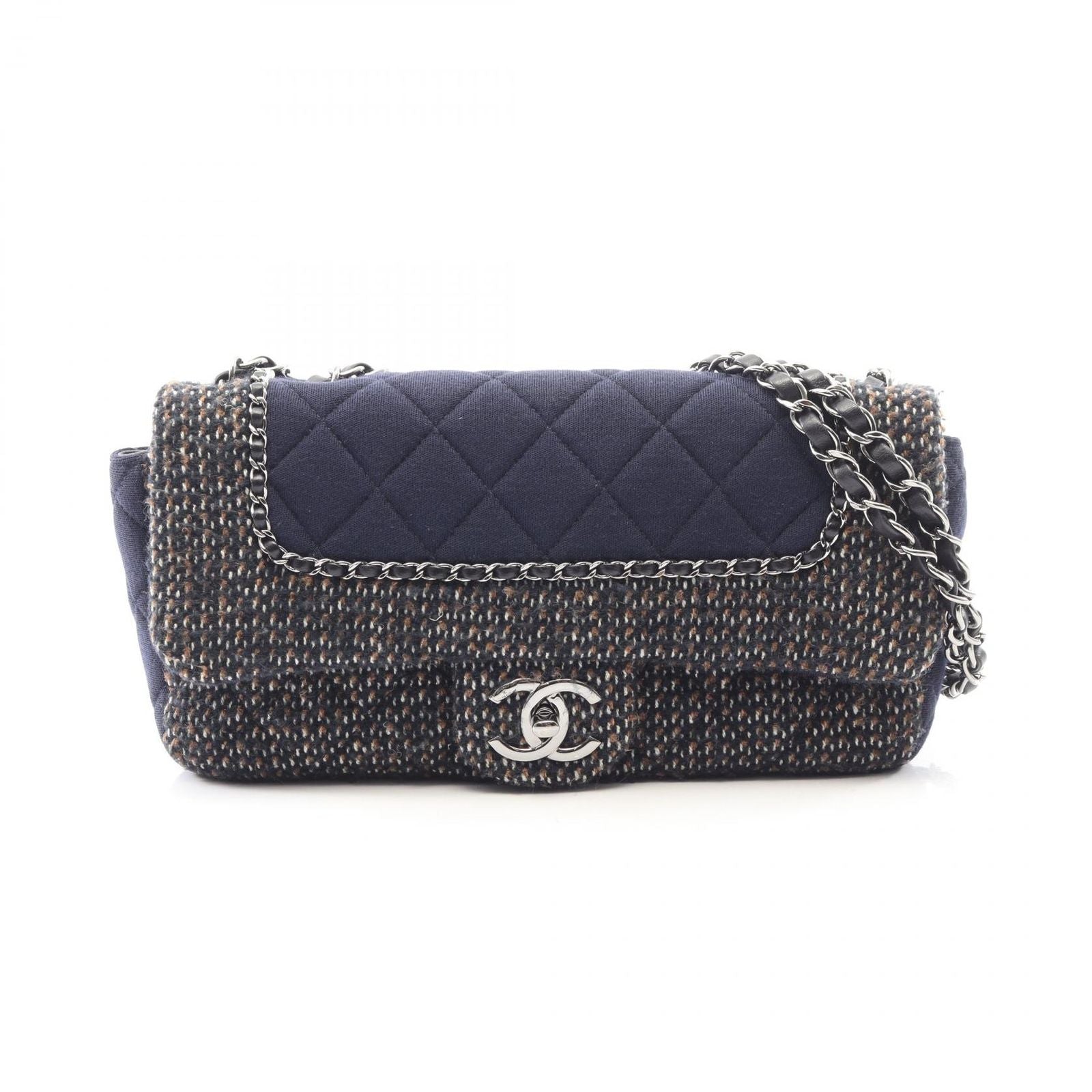 Chanel Shoulder Bag Quilted Navy Brown Fabric Chain