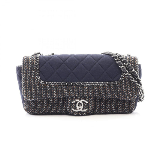 Chanel Shoulder Bag Quilted Navy Brown Fabric Chain