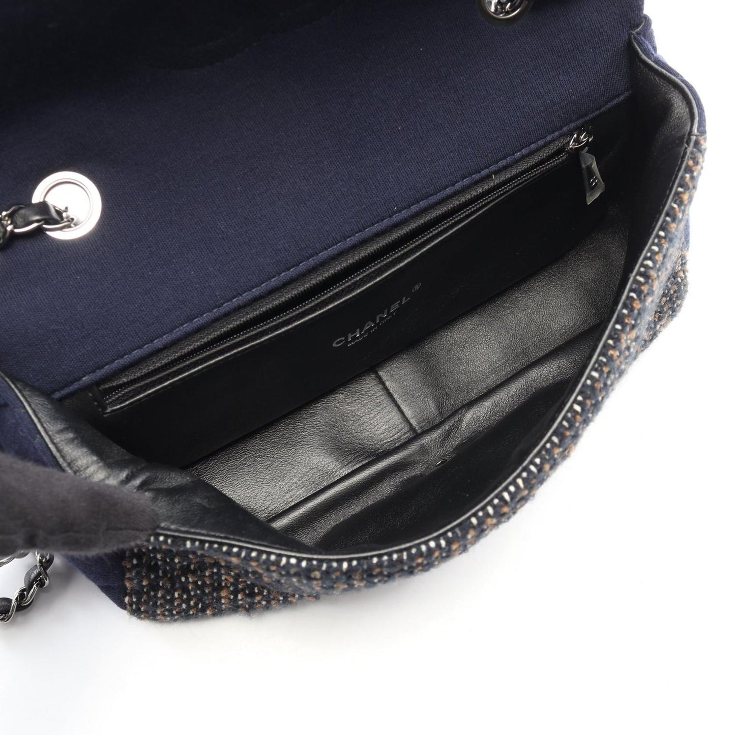 Chanel Shoulder Bag Quilted Navy Brown Fabric Chain — view 3