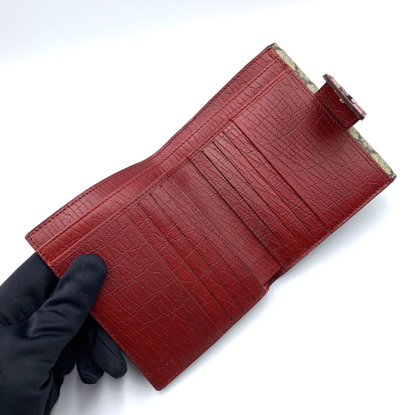 Gucci GG Canvas Supreme Hook Leather Brown Red Bifold Wallet Silver — view 3