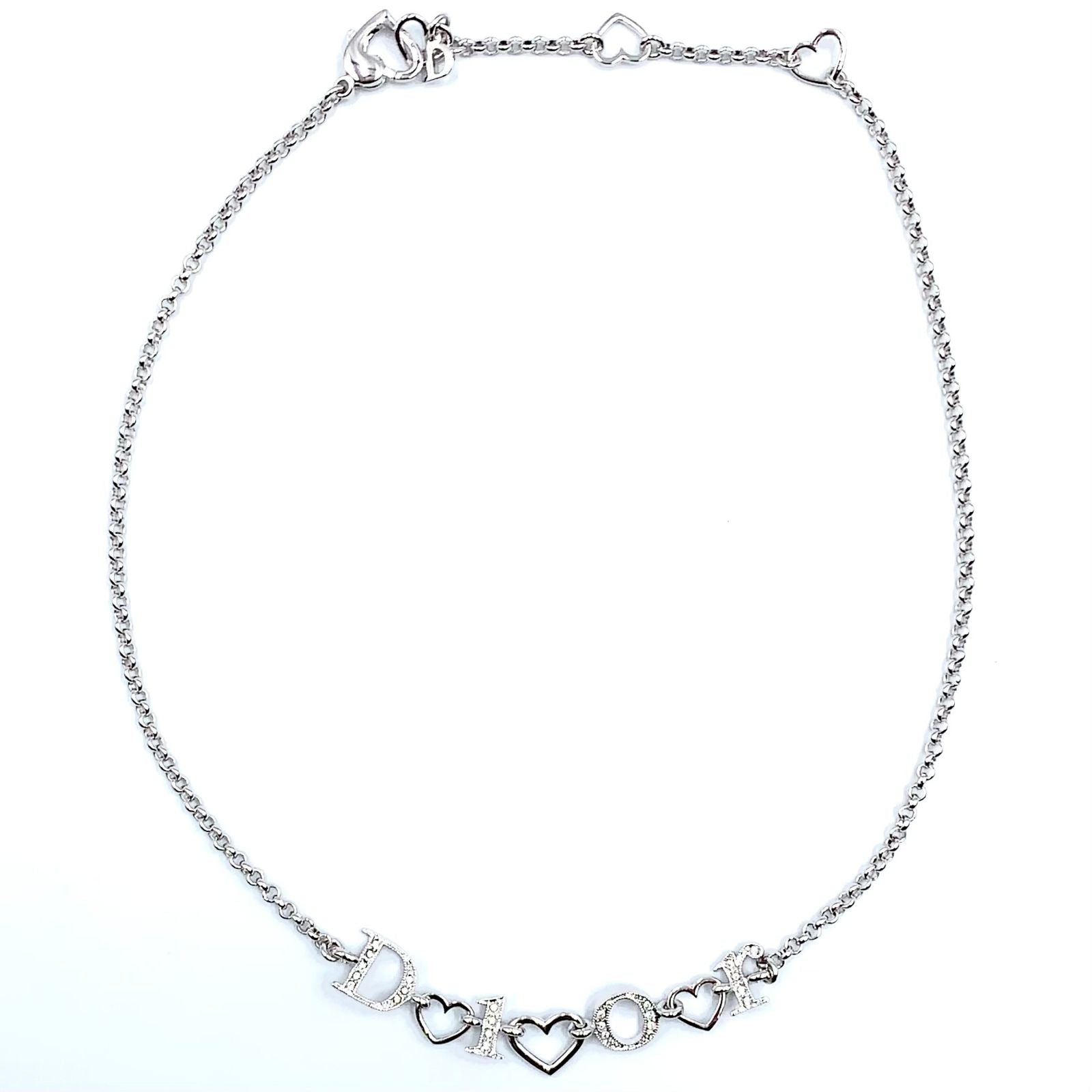 Dior Logo Heart Metal Line Stone Silver Necklace — view 3