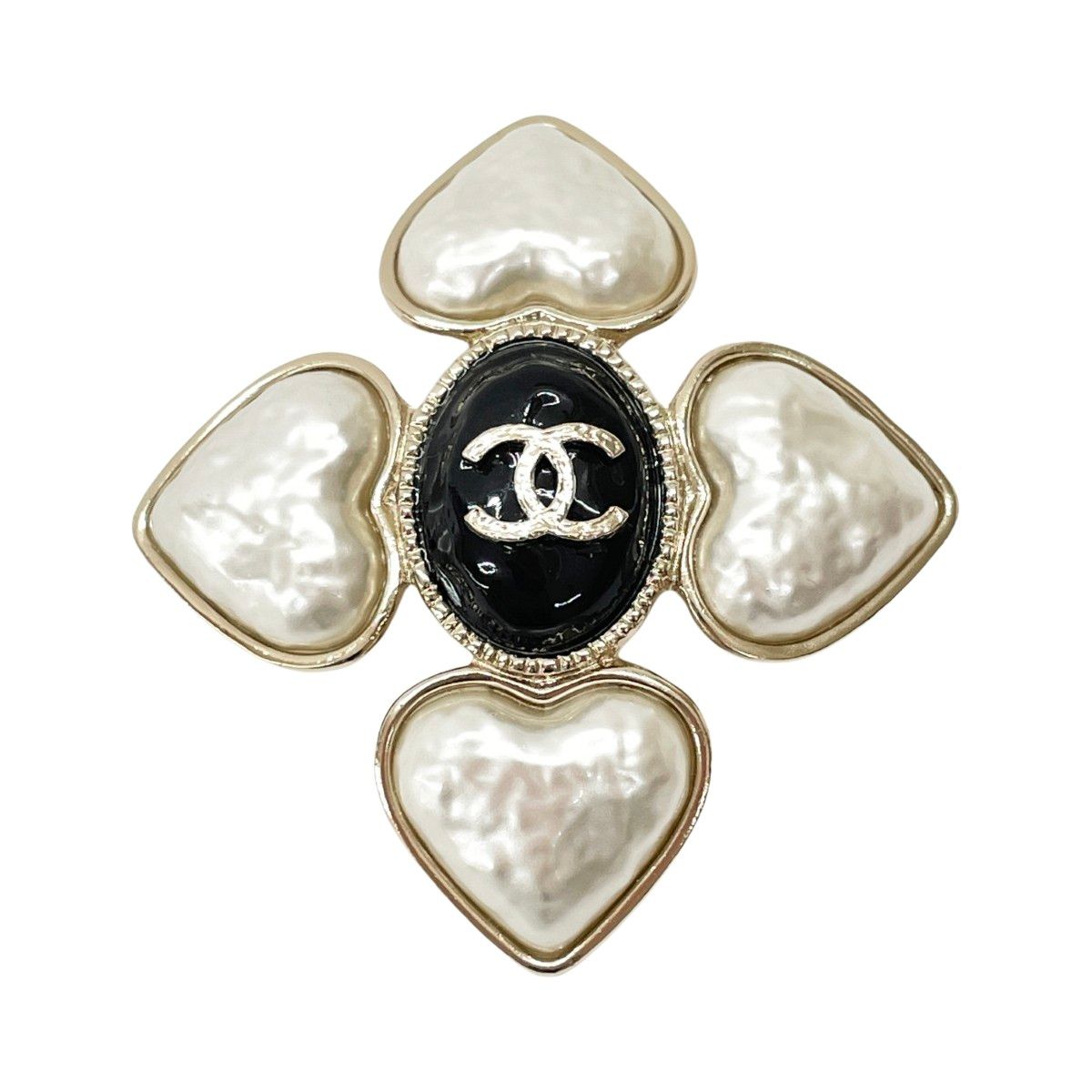 Chanel Heart Brooch CC Logo Faux Pearl Gold White Black
