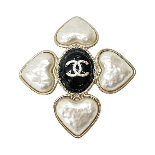 Chanel Heart Brooch CC Logo Faux Pearl Gold White Black