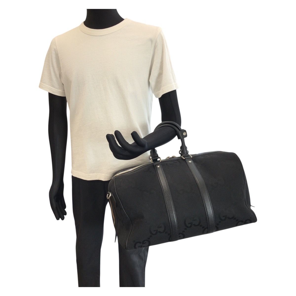 Gucci Jumbo GG 2-Way Black Silver Canvas Leather Boston Bag — view 7