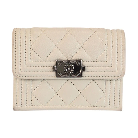 Chanel CC Logo White Silver Leather Fold Wallet Compact
