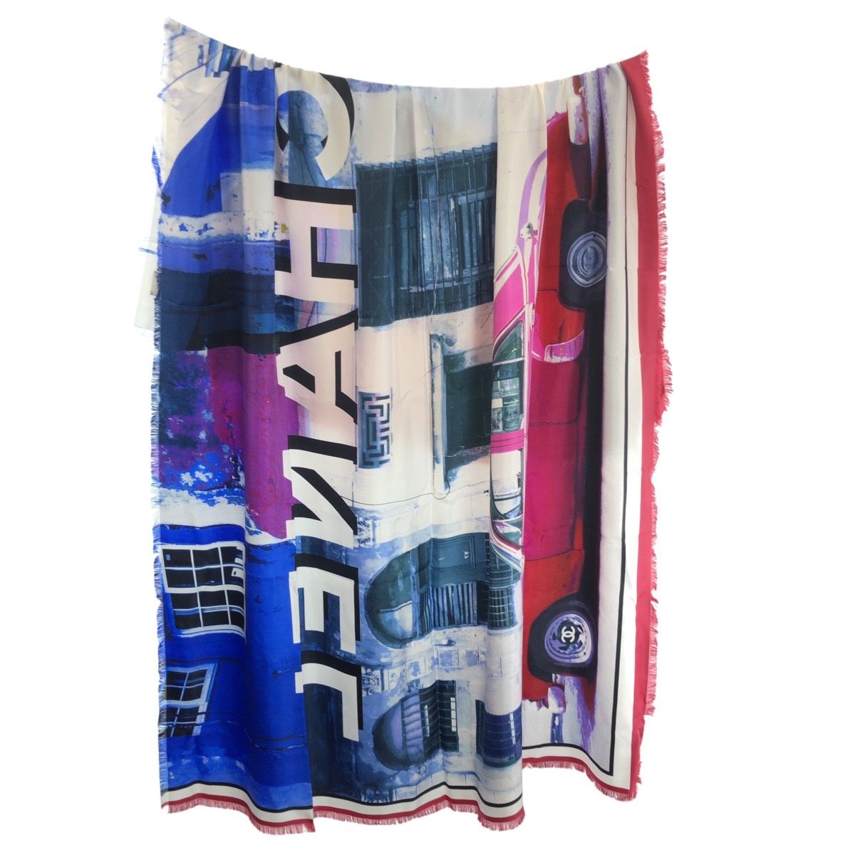 Chanel Large Car Blue White Red Silk Scarf Shawl — view 3