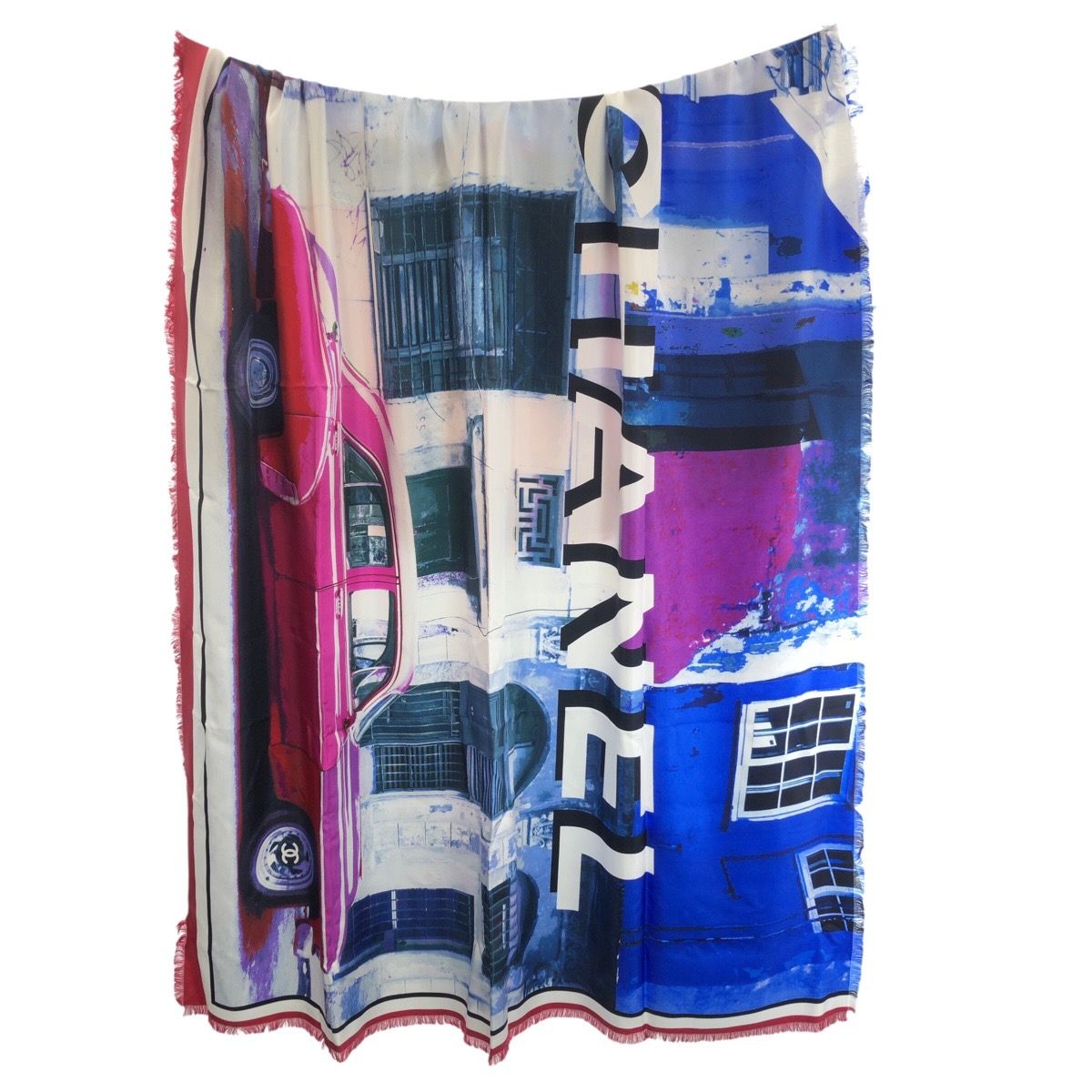 Chanel Large Car Blue White Red Silk Scarf Shawl — view 2