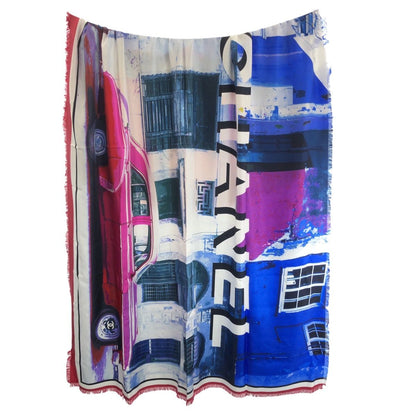 Chanel Large Car Blue White Red Silk Scarf Shawl — view 2
