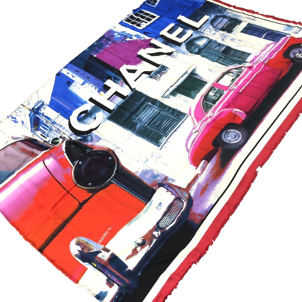 Chanel Large Car Blue White Red Silk Scarf Shawl