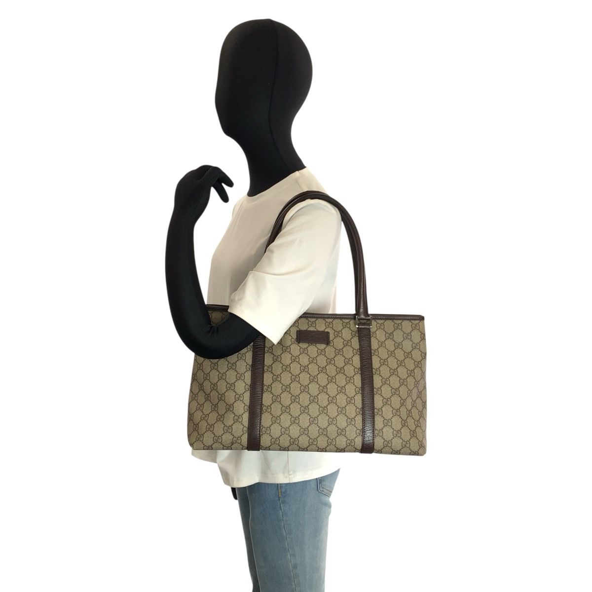 Gucci Beige Brown GG Supreme Canvas Leather Tote Shoulder Bag — view 6