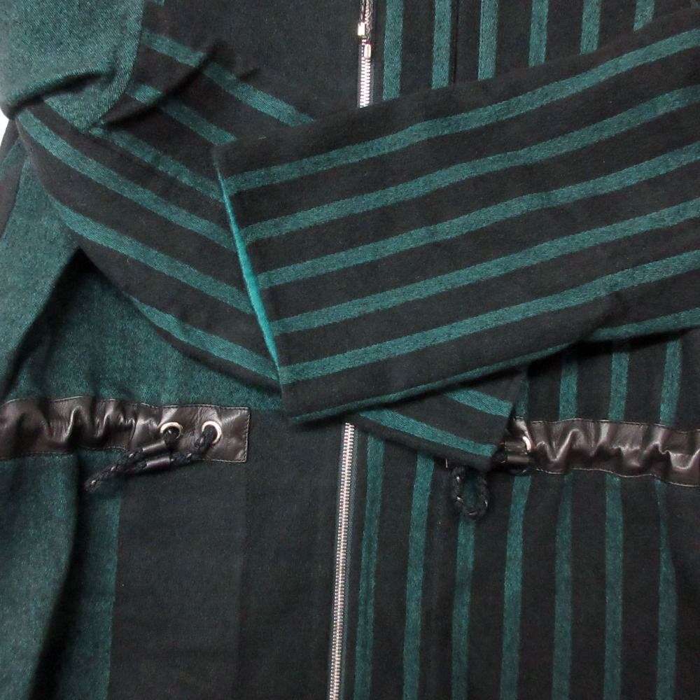 Hermes Color Coat Cashmere Striped Pattern Leather Trim Zip Up Long Black — view 5