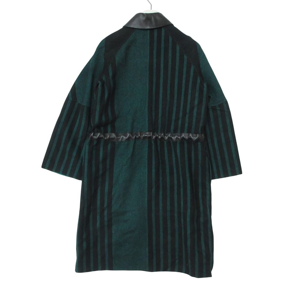 Hermes Color Coat Cashmere Striped Pattern Leather Trim Zip Up Long Black — view 2