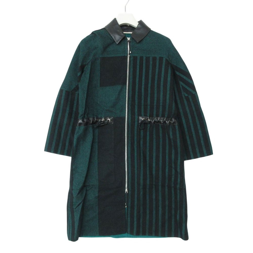 Hermes Color Coat Cashmere Striped Pattern Leather Trim Zip Up Long Black