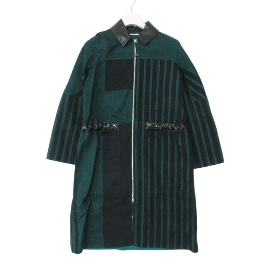 Hermes Color Coat Cashmere Striped Pattern Leather Trim Zip Up Long Black