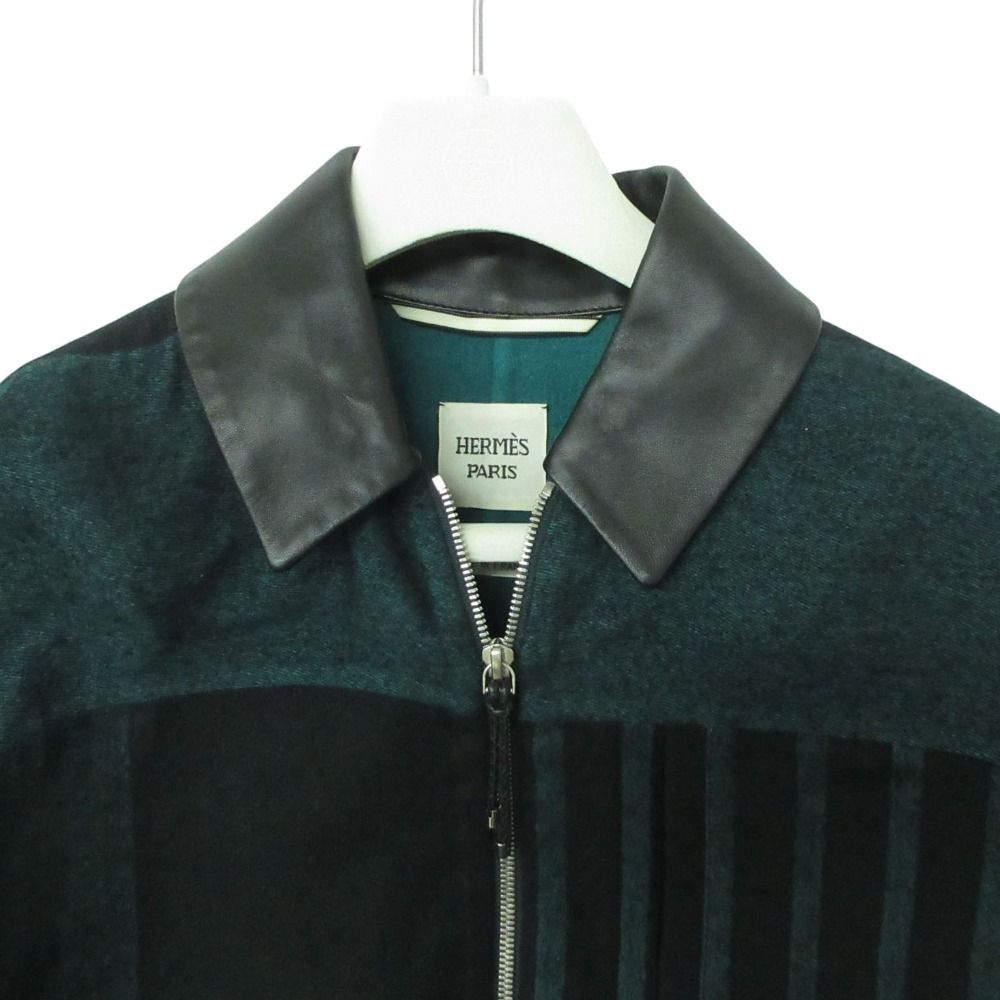 Hermes Color Coat Cashmere Striped Pattern Leather Trim Zip Up Long Black — view 4