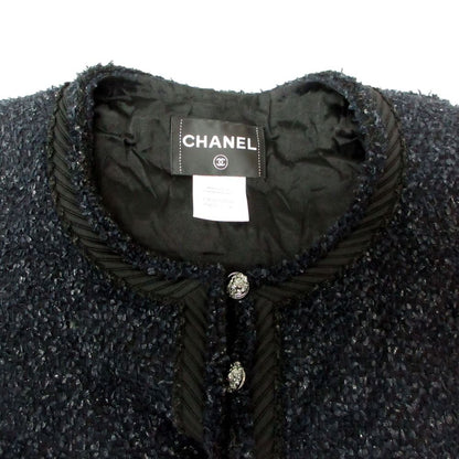 Chanel Suit Tweed Collarless Jacket CC Logo Button Front Slit Skirt Dark Navy 36 — view 7