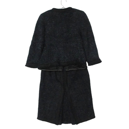 Chanel Suit Tweed Collarless Jacket CC Logo Button Front Slit Skirt Dark Navy 36 — view 2