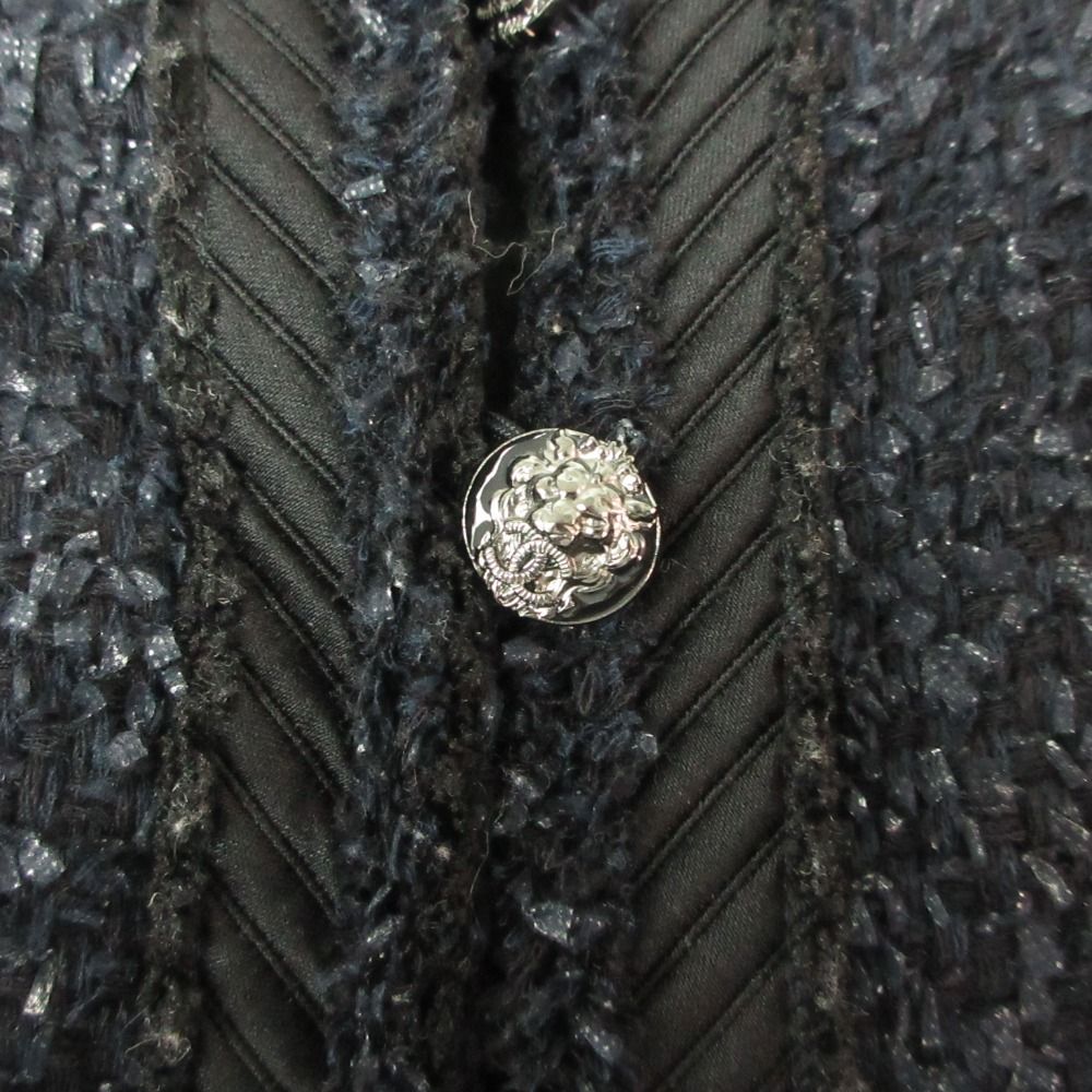 Chanel Suit Tweed Collarless Jacket CC Logo Button Front Slit Skirt Dark Navy 36 — view 9